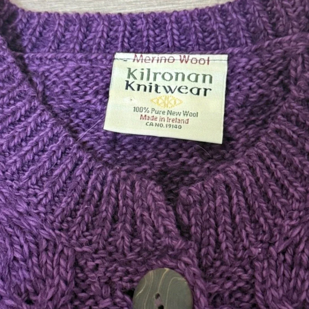 Kilronan Knitwear Women Cardigan‎ S Purple Merino Wool Irish Aran Cable Knit - Picture 7 of 10
